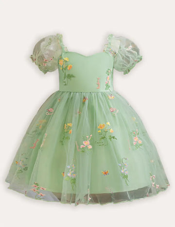 Bubble Sleeve Flower Embroidery Tulle Party Dress